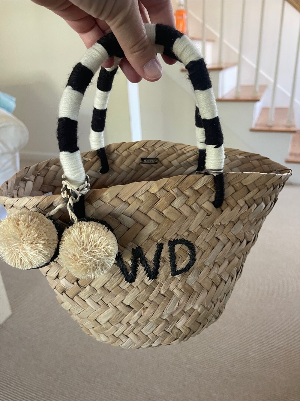 Handwoven Straw Mini Tote with Black & Cream Pom-Pom Accents
